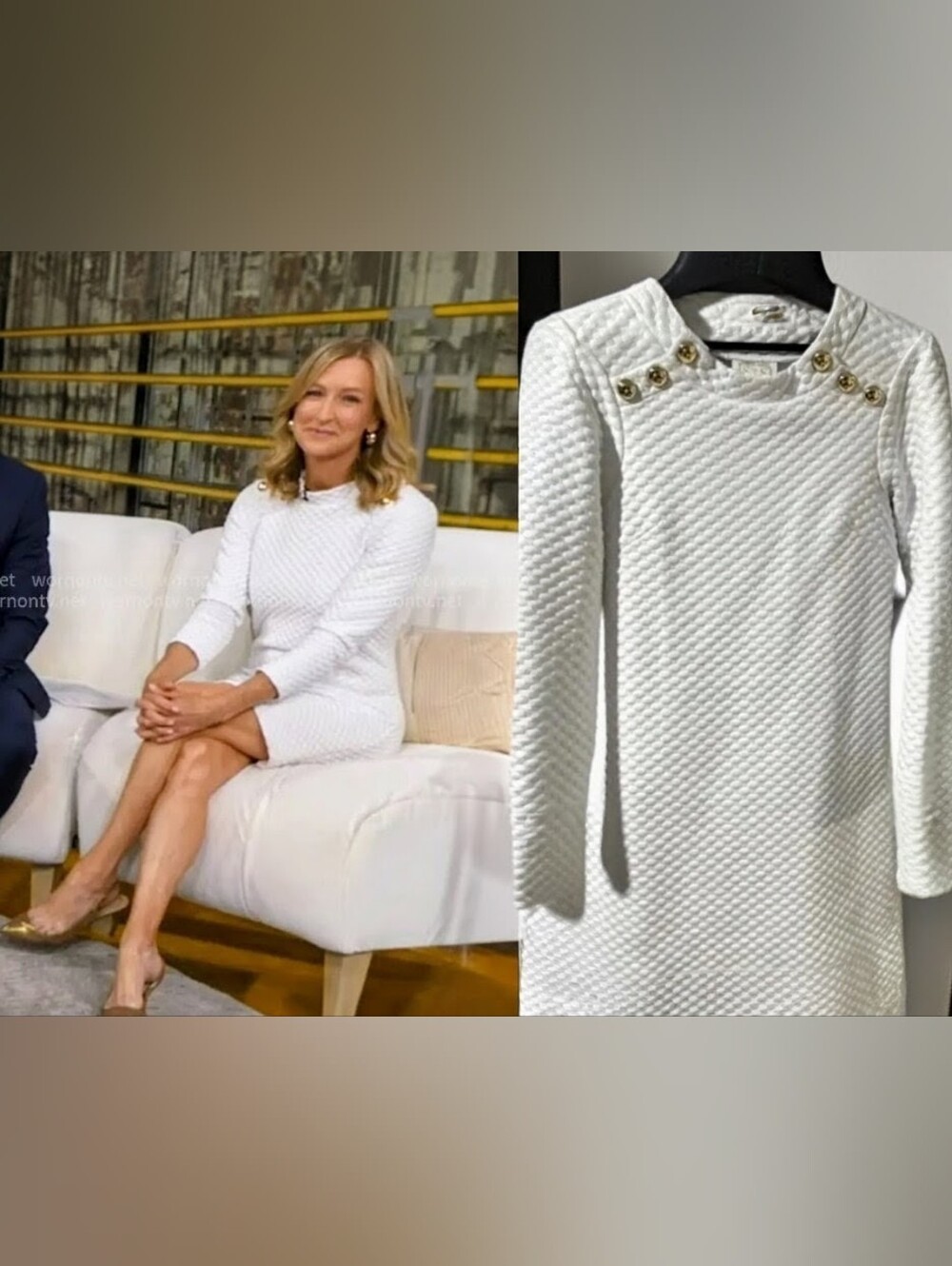 White Textured Long-Sleeve Knit Dress with Shoulder Buttons